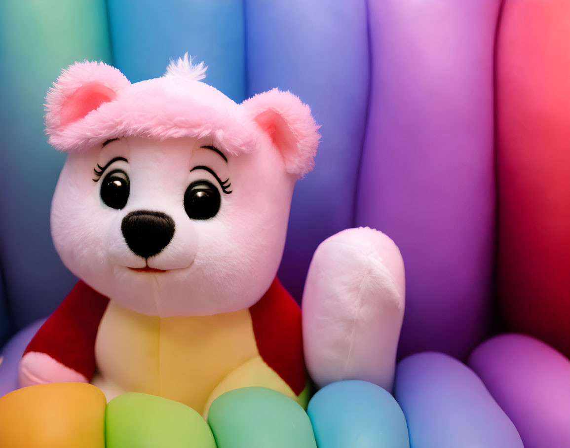 Pink Teddy Bear with Expressive Eyes on Rainbow Striped Background