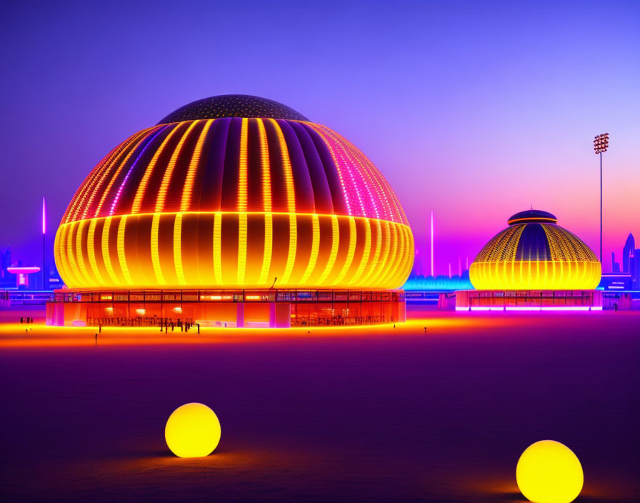 Futuristic domed buildings illuminated by orange and purple lights at twilight