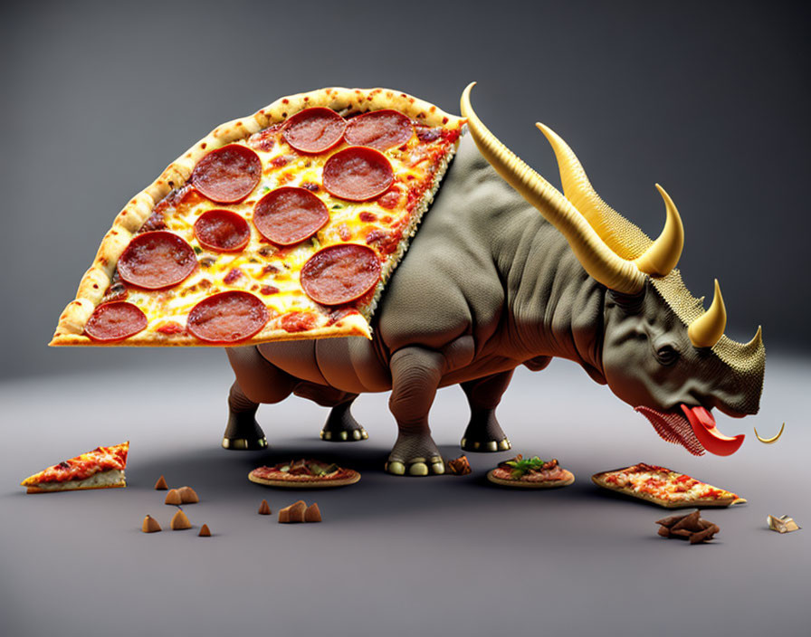 Whimsical digital art: triceratops with pizza body