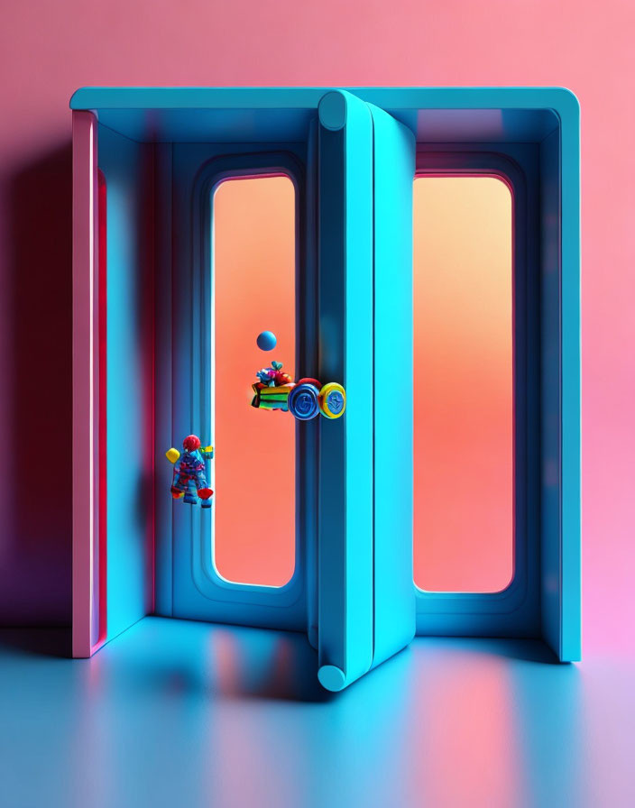 Colorful 3D illustration of surrealistic blue doorway with floating skateboard and character