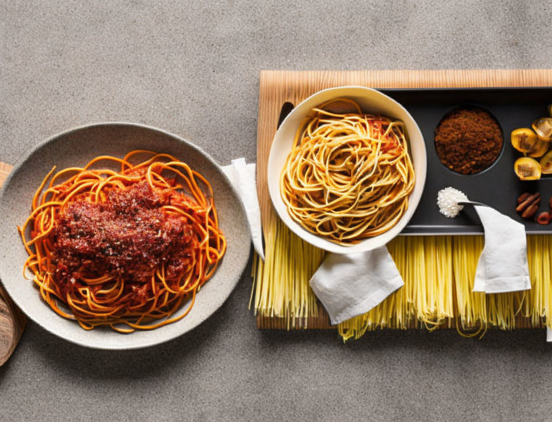 Plates of Spaghetti with Tomato Sauce and Cheese on Tray