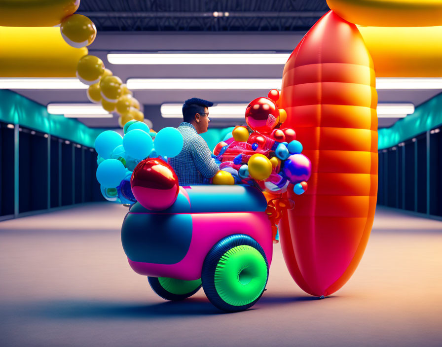 Colorful Balloon-Adorned Vehicle in Futuristic Corridor