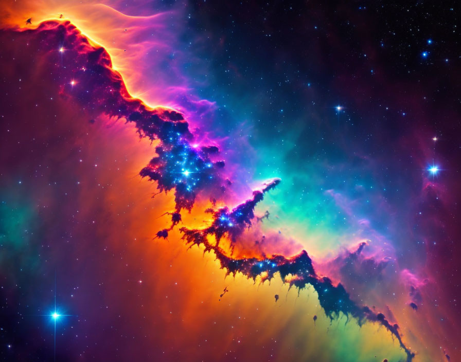 Colorful cosmic nebula with swirling purple, blue, orange, and yellow hues.