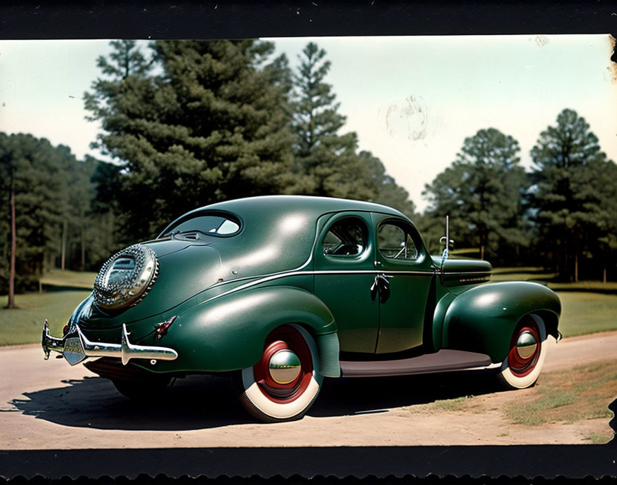 Classic Green Car with Spare Tire, White Sidewall Tires, Parked on Paved Road