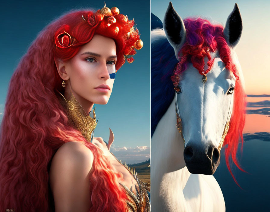 Red-haired woman and horse with matching mane against blue sky background