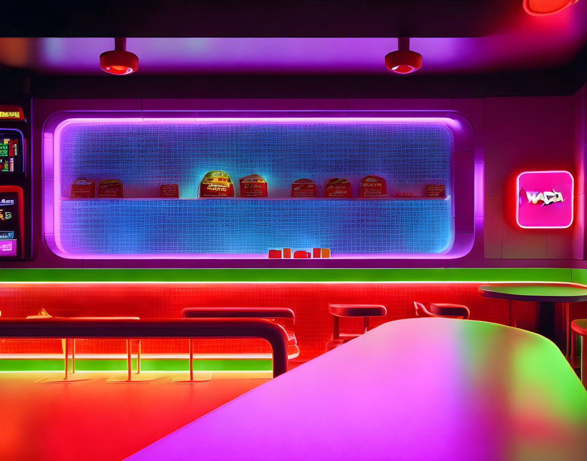 Neon-lit diner with pink and blue hues and retro seating