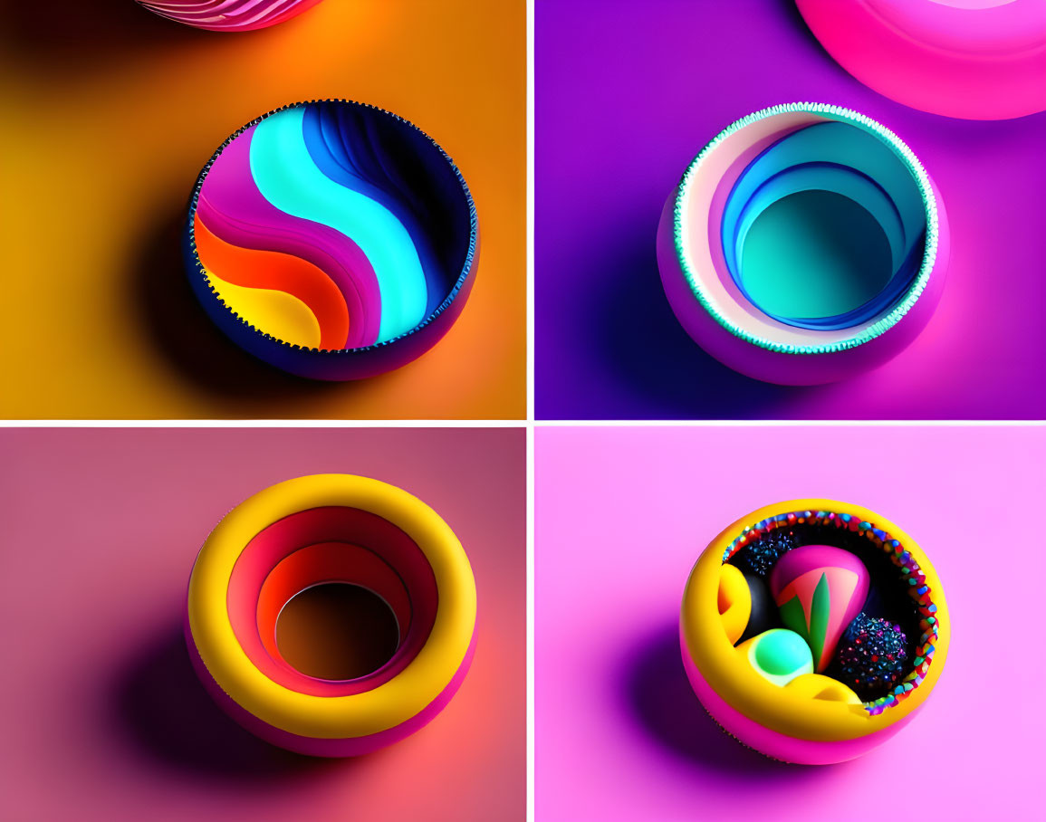 Vibrant abstract 3D art: Colorful circular designs with gradients and textures.