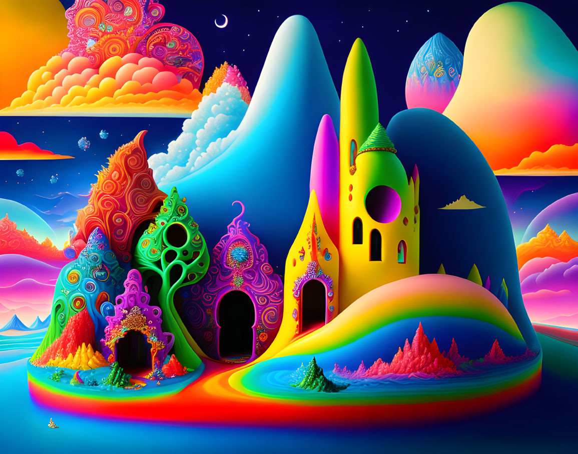 Colorful Whimsical Landscape with Rainbow and Starry Sky