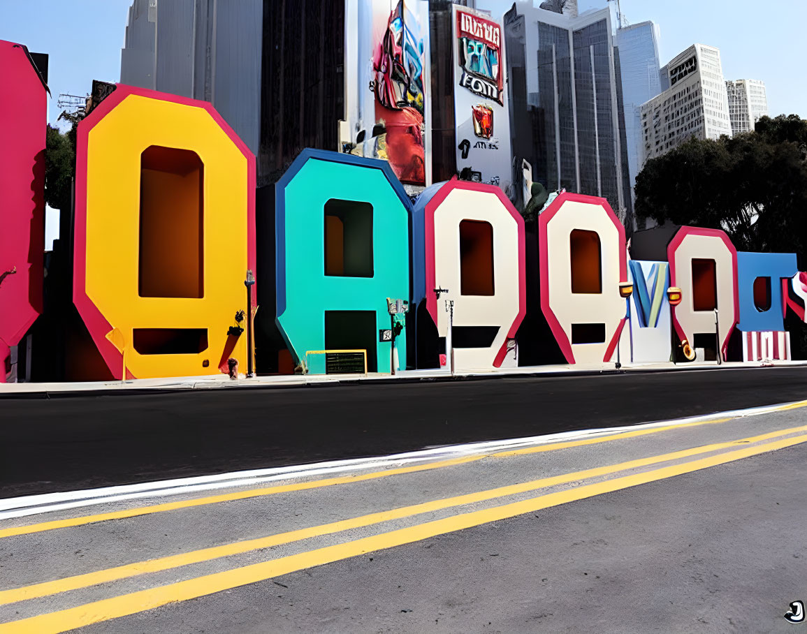 Vibrant 3D "DREAM" letters on street with urban backdrop