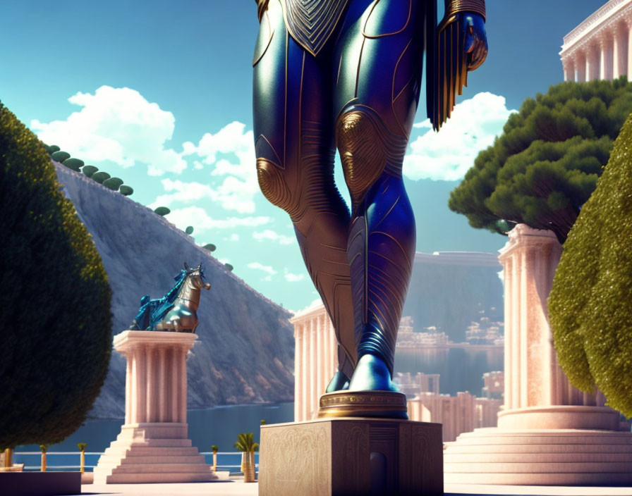 Digitally rendered figure in blue and gold armor with classical architecture and horse statue.