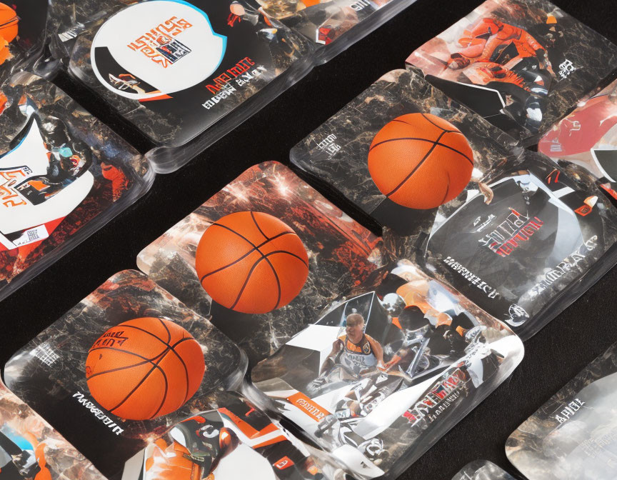 Basketball-themed trading cards and memorabilia on dark surface