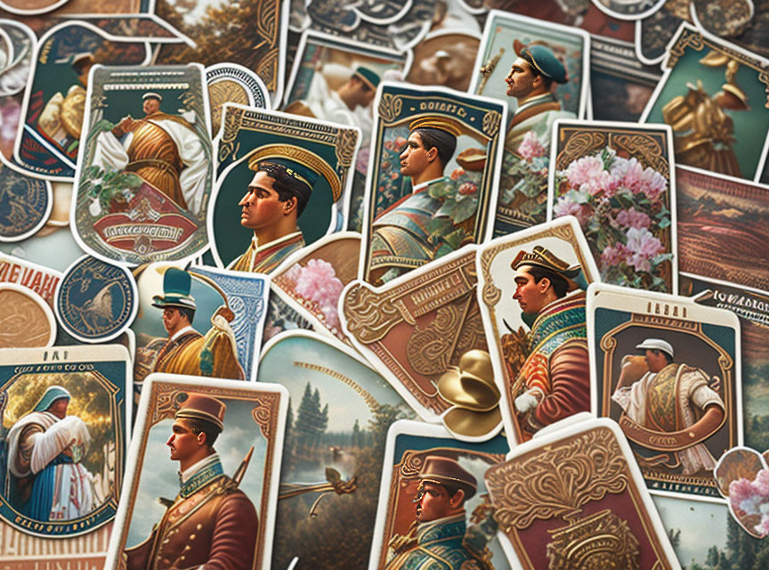 Vintage historical themed playing cards with soldier portraits and floral designs.