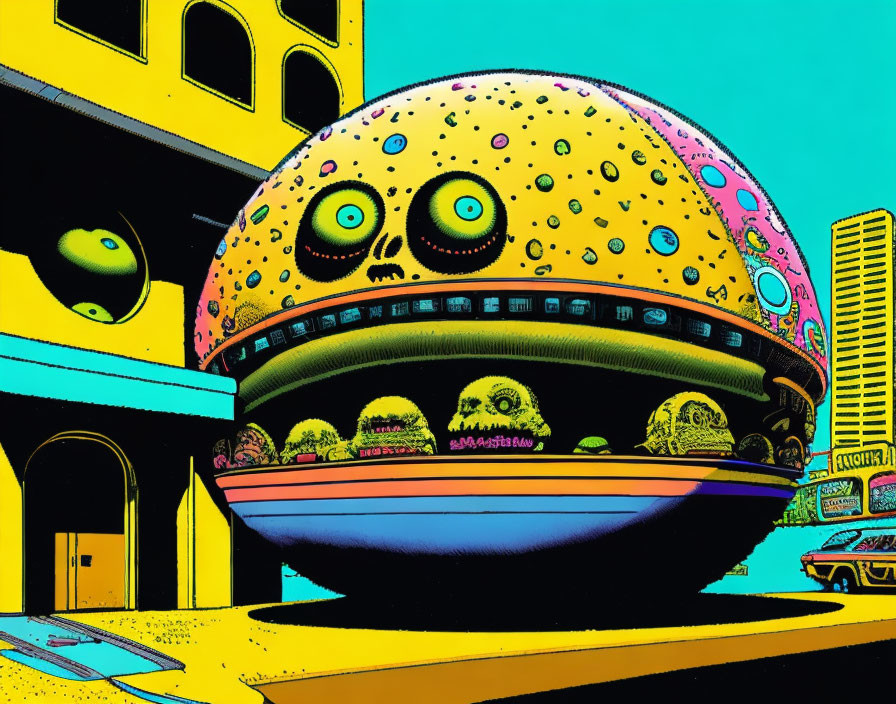 Colorful Comic Illustration: UFO Hamburger Floats Over City Street