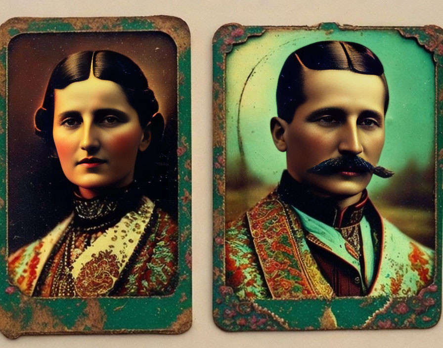 Vintage portraits of a woman and man in ornate clothing, old-fashioned frames.