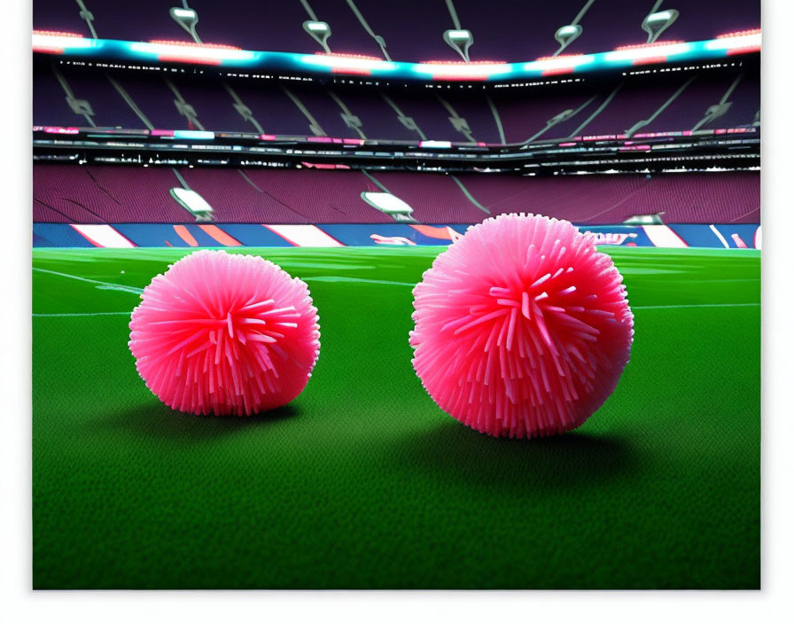 Vibrant pink spiky balls on green soccer field with empty stadium