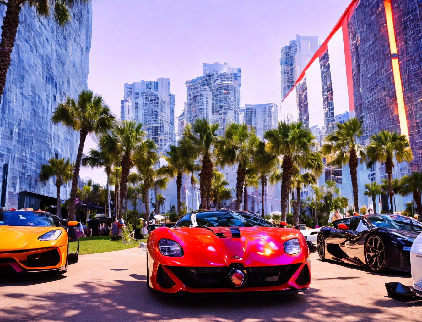 Sleek luxury sports cars in urban park setting with palm trees and skyscrapers against vibrant sky