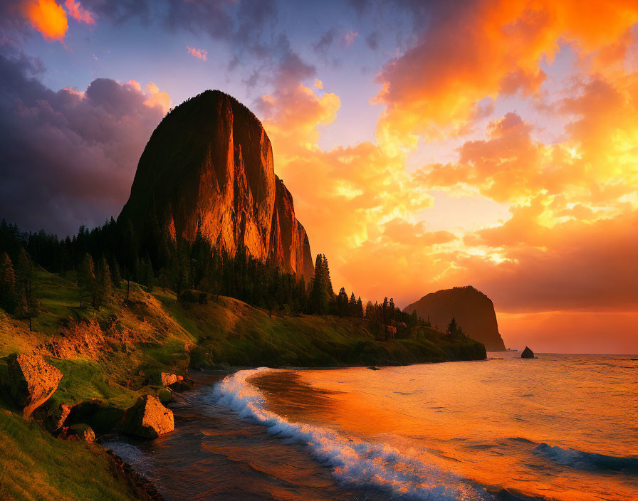 Vibrant sunset over massive ocean cliff and gentle waves