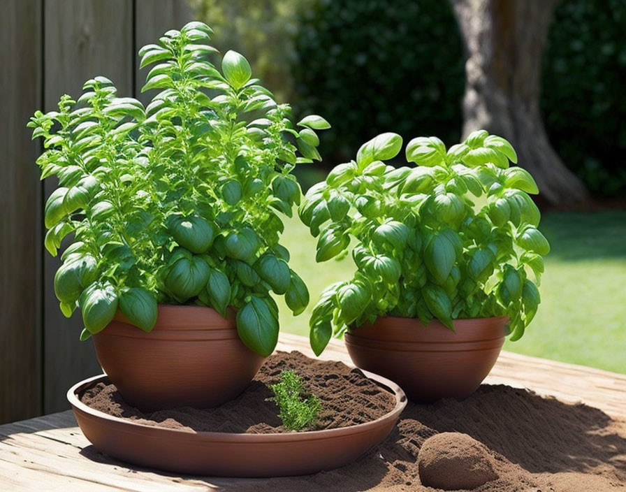 Lush Basil Plants in Terracotta Pots on Wooden Surface