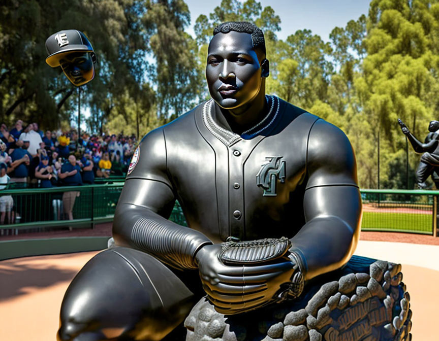 Metallic baseball player statue in black uniform and cap with game scene background