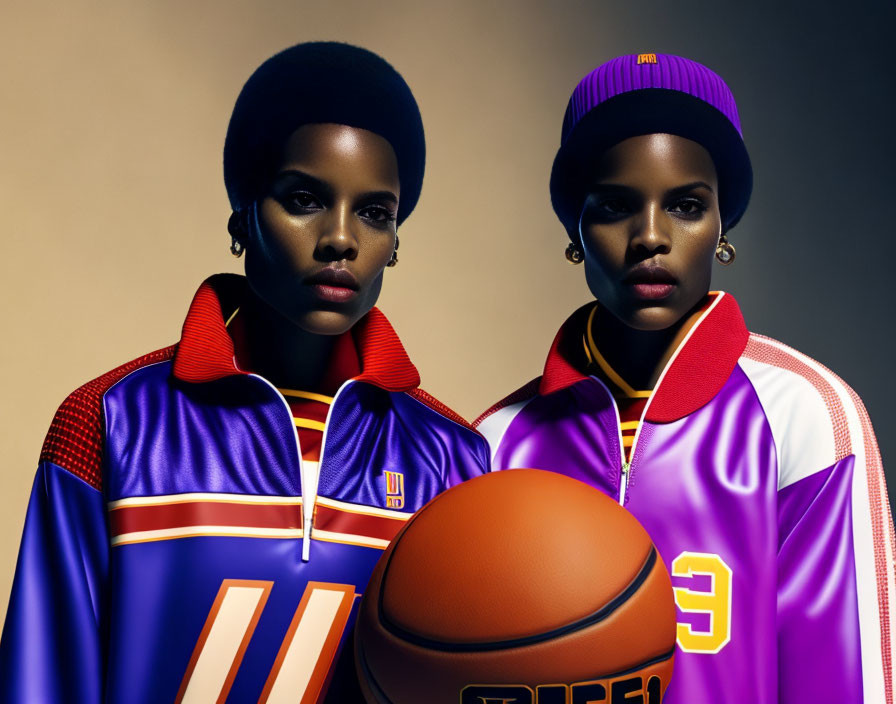 Colorful Basketball Attire and Hats on Two Individuals Holding a Basketball