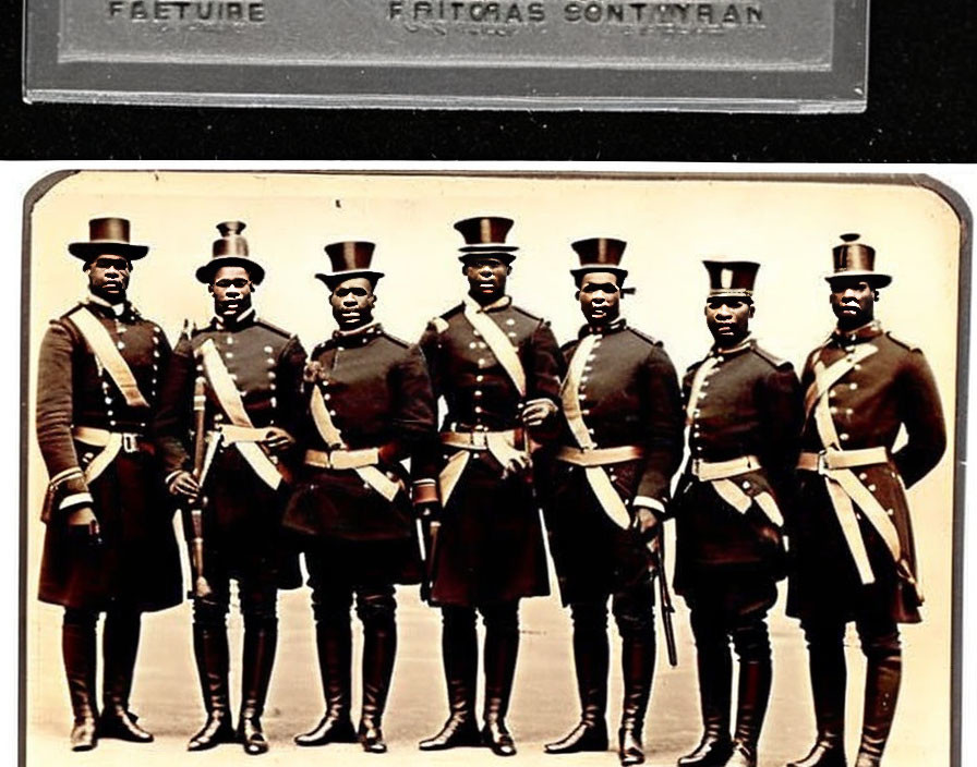 Historical image: Seven African American soldiers in uniform with top hats and rifles