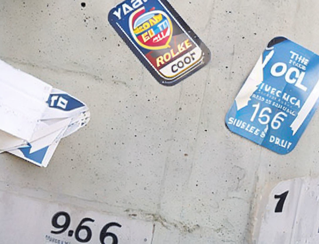 Wall adorned with stickers and labels, including a license plate sticker reading "THE YOCL" and