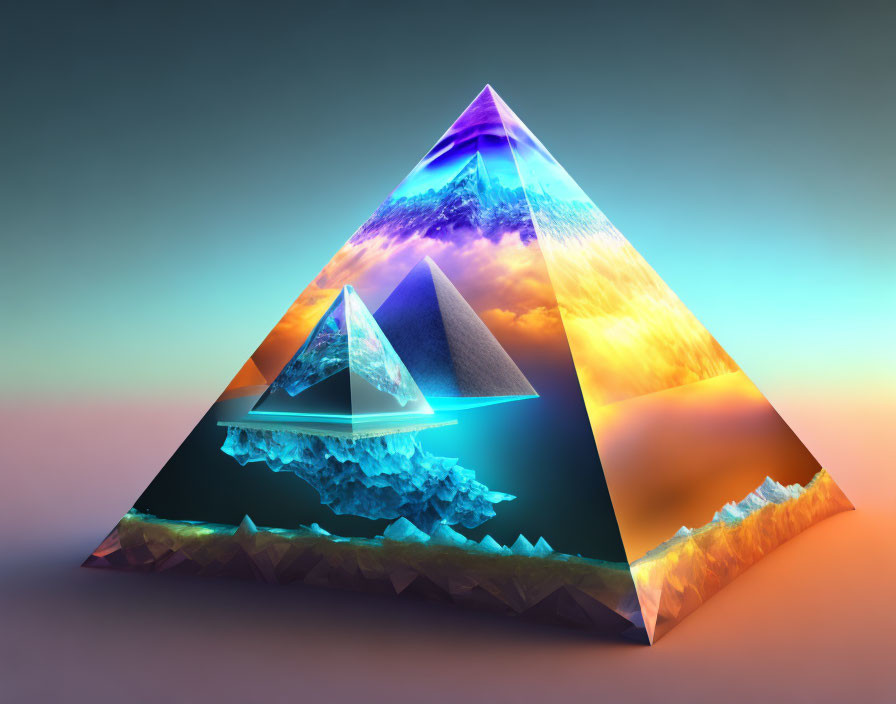 Glass pyramid with natural landscapes under different lighting conditions