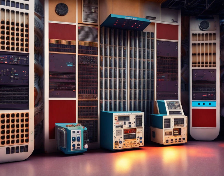 Retro-futuristic vintage computer room with mainframes, control panels, and tape storage.