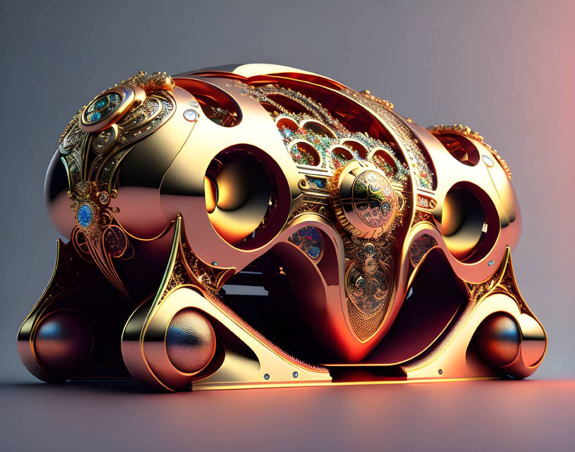 Ornate Gold and Red Futuristic Helmet with Gear Designs and Jewels on Gradient Background