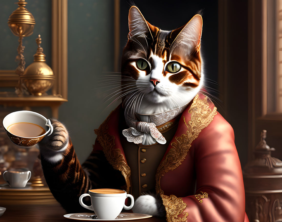 Anthropomorphic cat in historical attire with teacup in elegant room