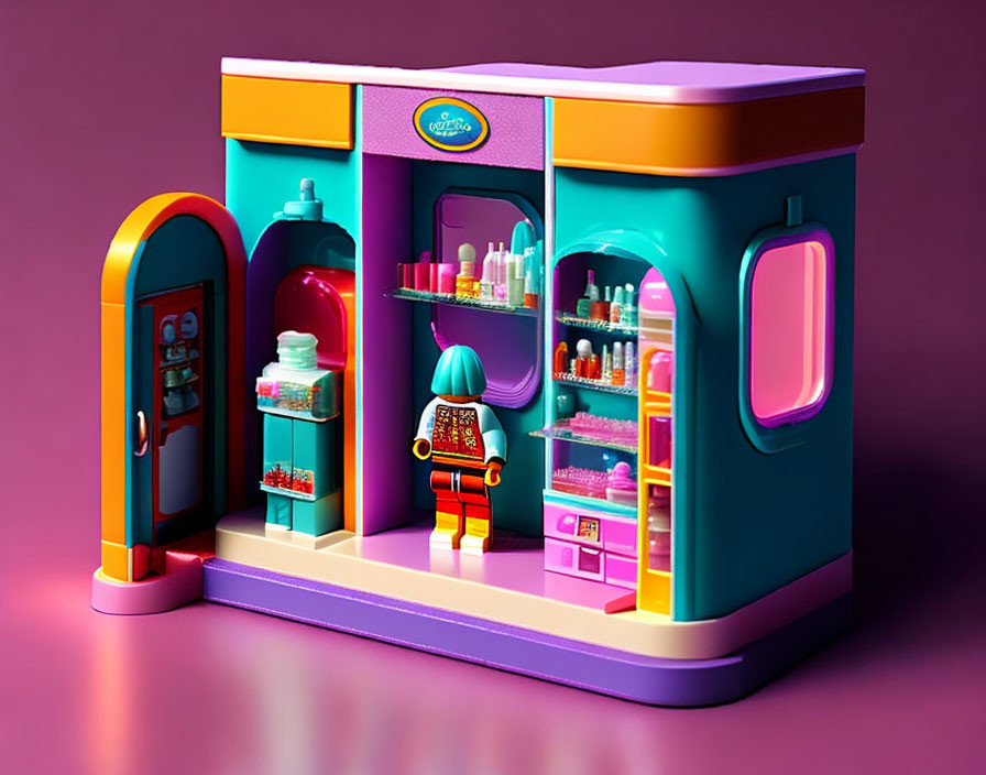 Miniature Toy Cosmetic Store with Colorful Shelves and Figure at Entrance