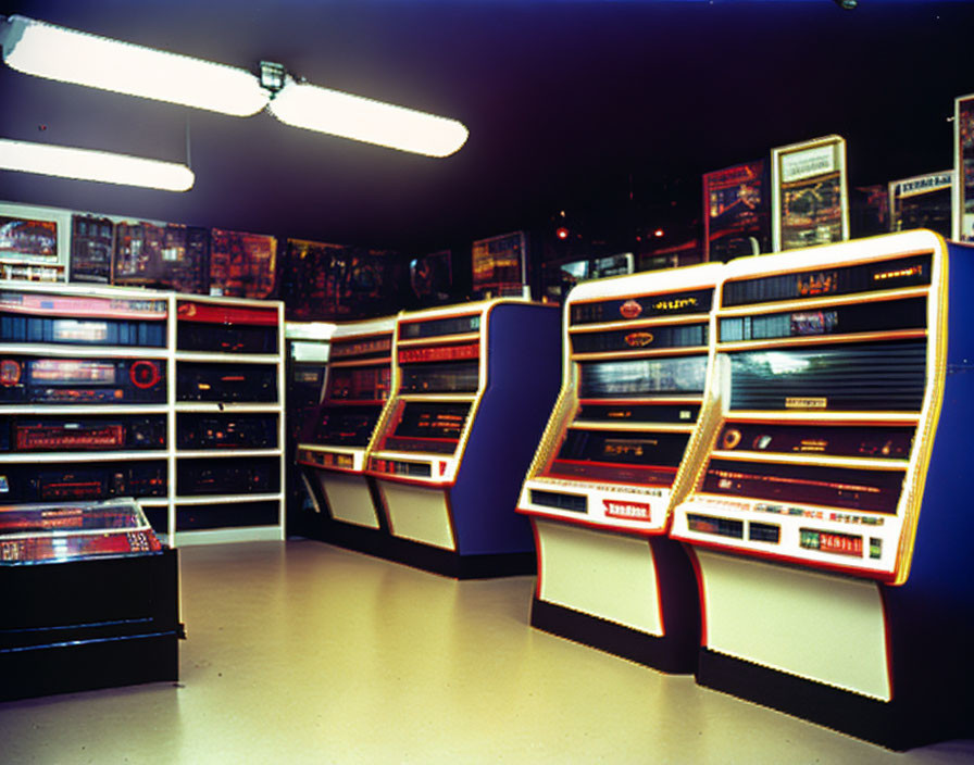 Vintage Arcade with Illuminated Gaming Cabinets and Prizes Displayed