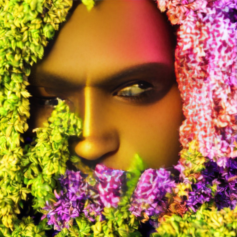 Face partially obscured by vibrant flowers, emphasizing one eye