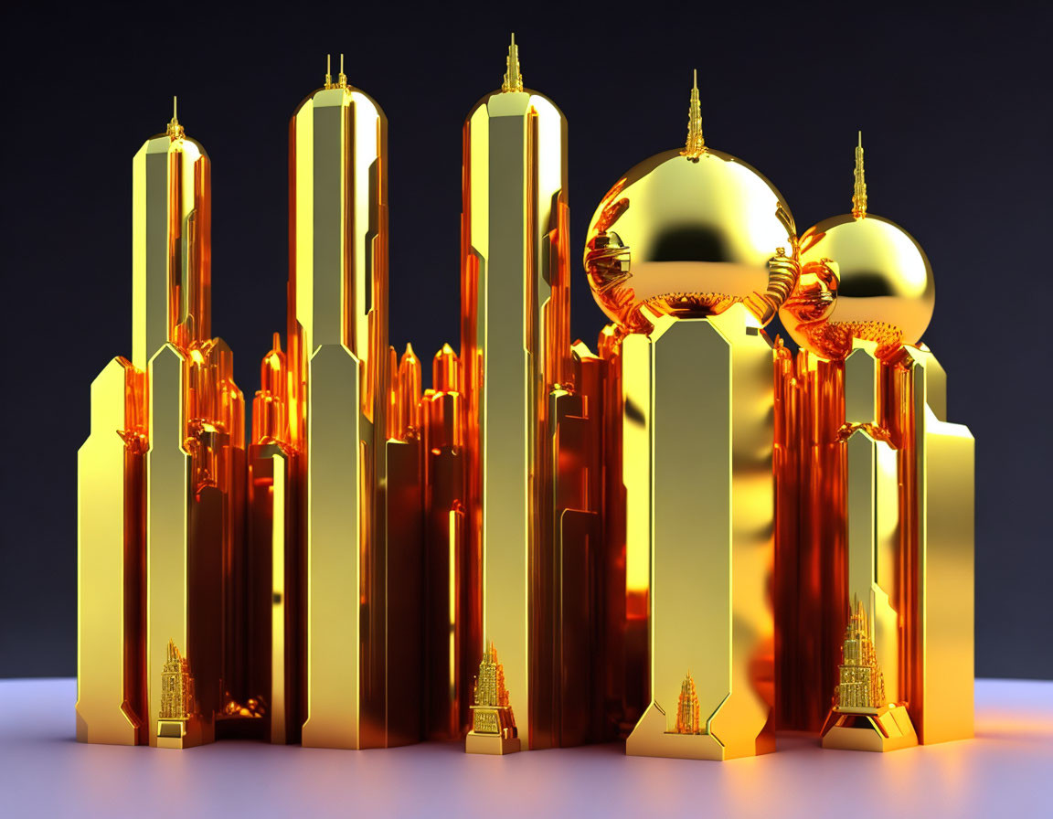 Futuristic golden city skyline with sleek skyscrapers and domed structures