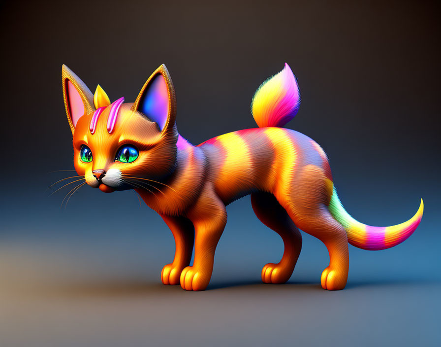 Vibrant digital illustration of stylized cat with gradient fur and whimsical tail