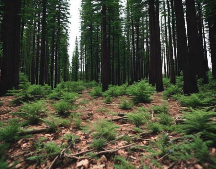 Lush Green Ferns in Towering Forest Scene