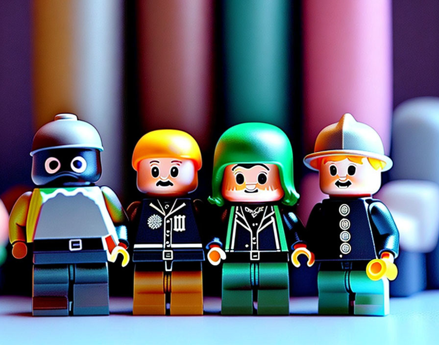 Diverse Lego figurines in row against colorful backdrop