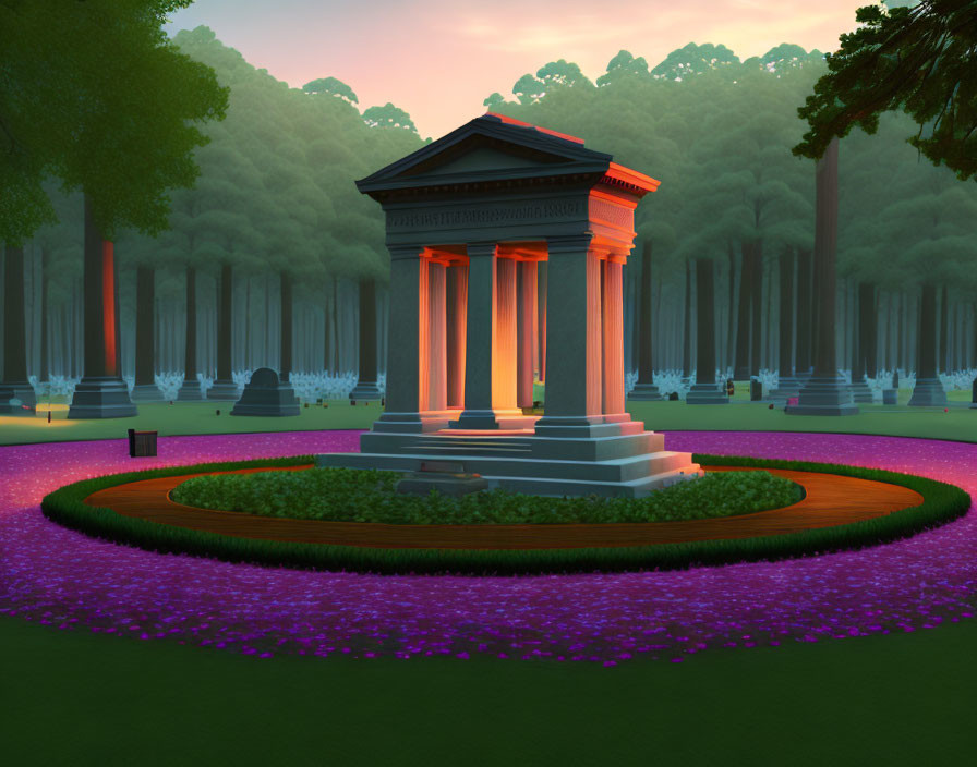 Neoclassical pavilion in circular flowerbed at dusk