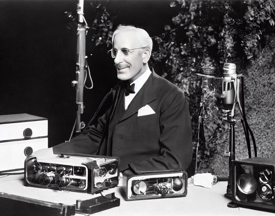 Vintage Black and White Photo: Man with Mustache in Suit at Radio Equipment Table