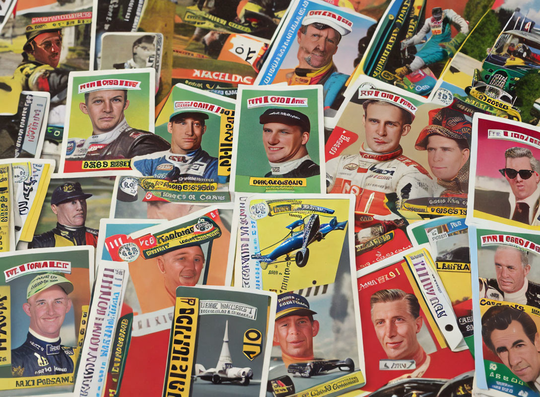 Colorful trading cards of pilots and aircraft scattered on surface