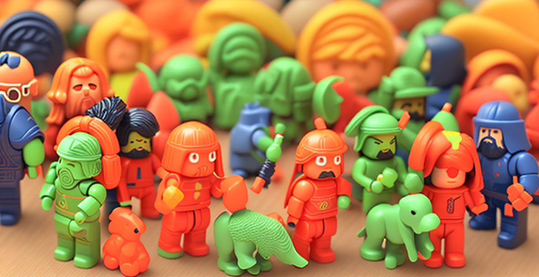 Assorted small plastic toy figures: characters with helmets and animals