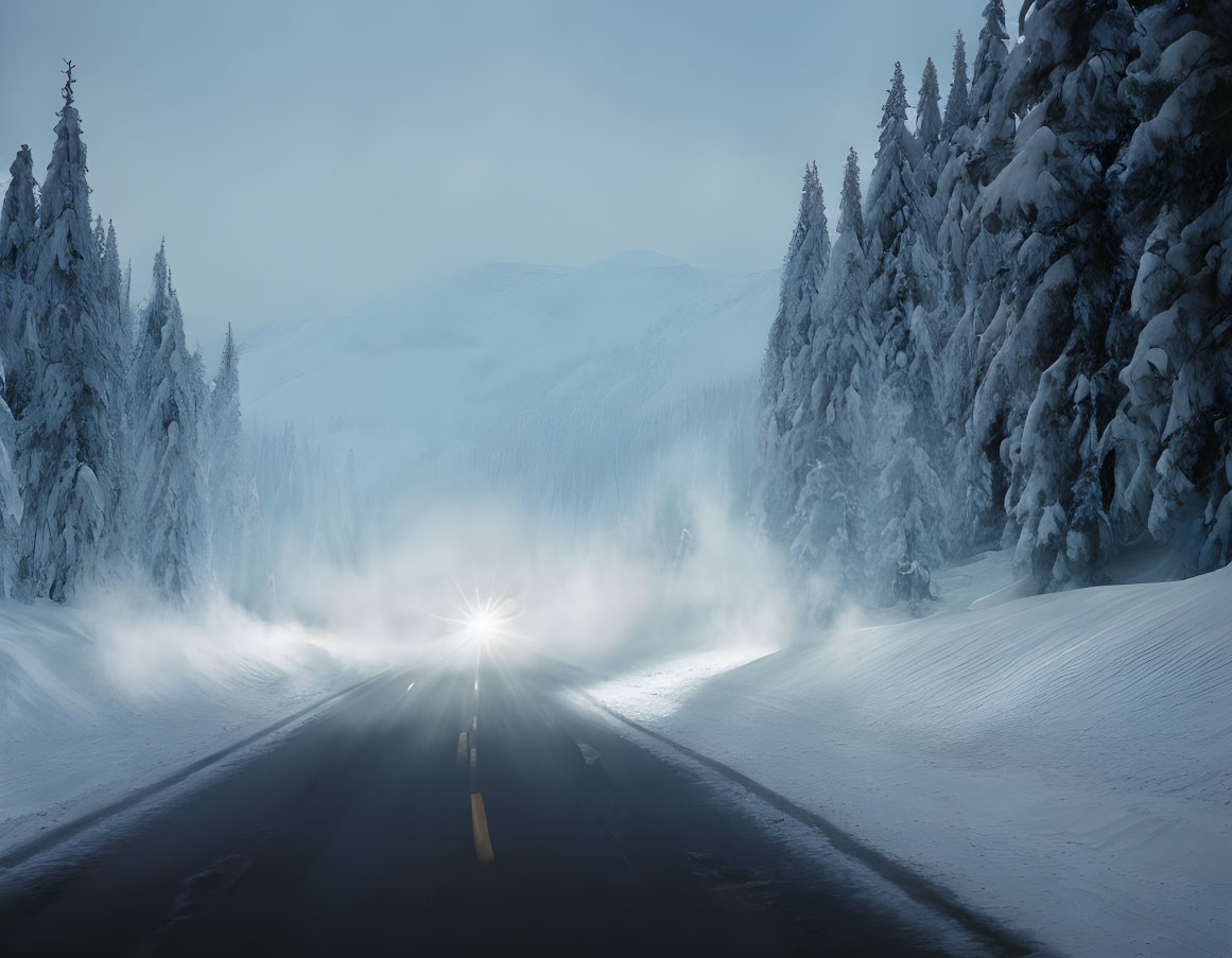 Snowy Road Through Frost-Covered Forest in Winter Landscape