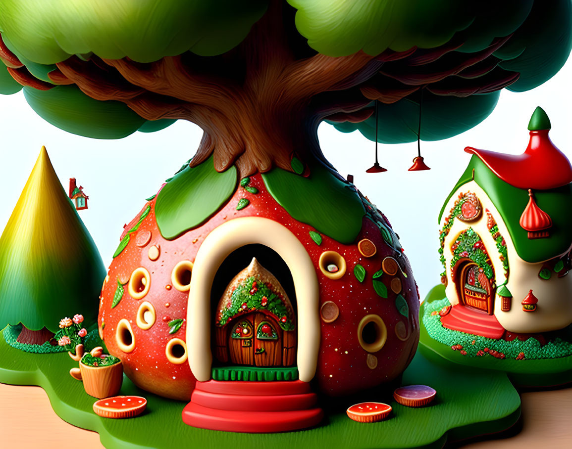 Fantasy landscape illustration with mushroom houses and tree