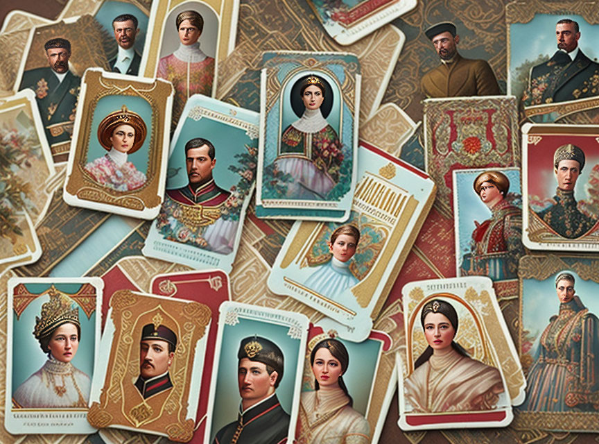 Ornate playing cards with royal portraits and rich colors