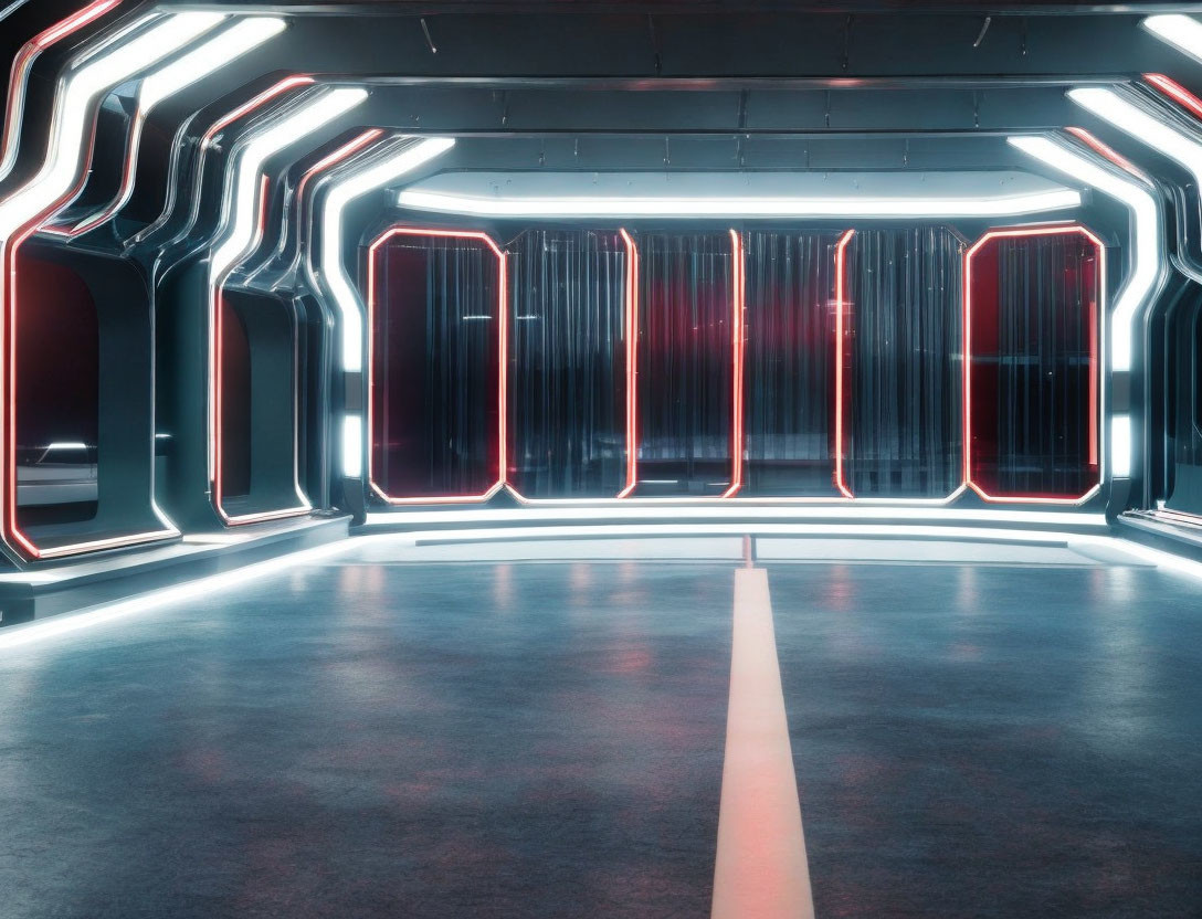 Futuristic corridor with red and white neon lights and metallic walls