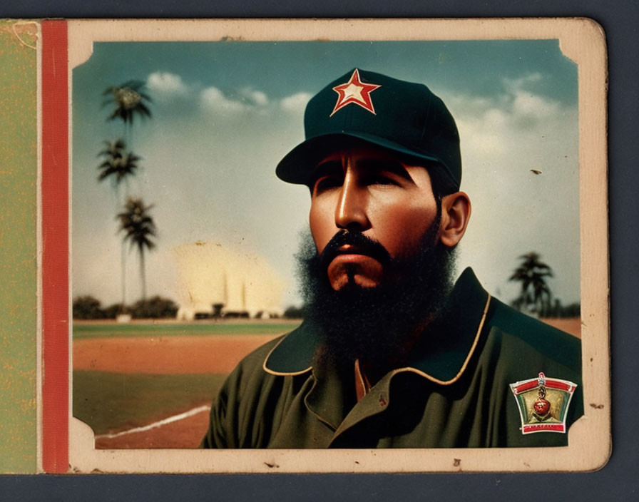 Vintage portrait of bearded man in green military uniform with cap, palm trees in background