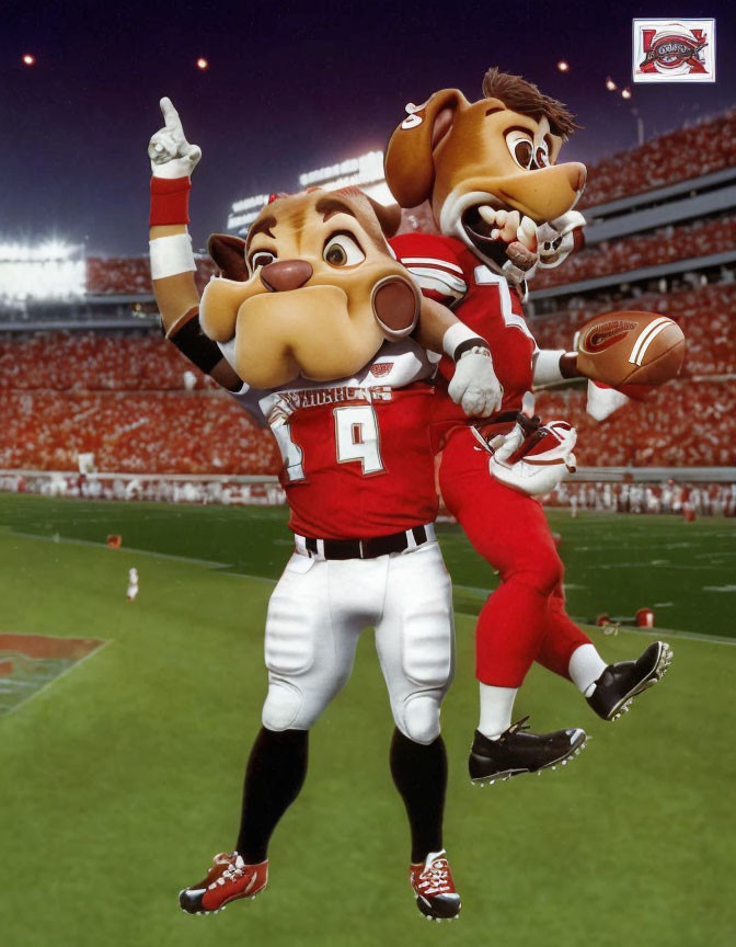 Animated bulldog mascots in football uniforms celebrate on field