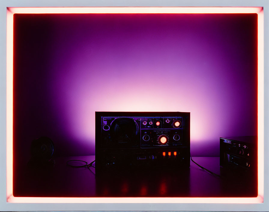 Audio amplifier and speakers with glowing lights on purple gradient background and neon border