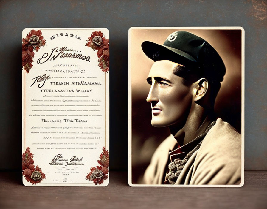 Vintage-style photograph: Man in military uniform with beret beside old document with floral designs