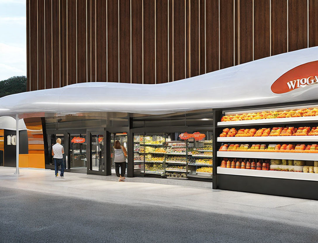 Modern open-air supermarket with wooden overhead structure and fresh produce on display